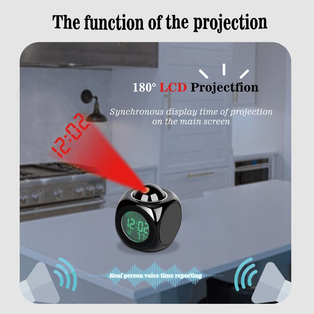 Portable Smart LCD Projection Electronic Alarm Clock with English Timed Announcement Multifunctional Thermometer Suitable for Home Office Desktop Use