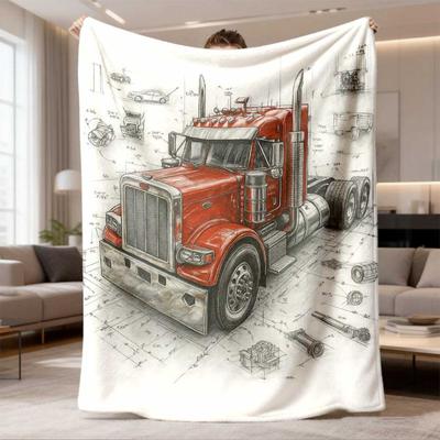 1pc Bohemian Style Semi-Truck Print Flannel Blanket Suitable for - Warmth, Soft Red Truck Bedspread with Ultrasound Printing, Cozy Throw for Truck Dri