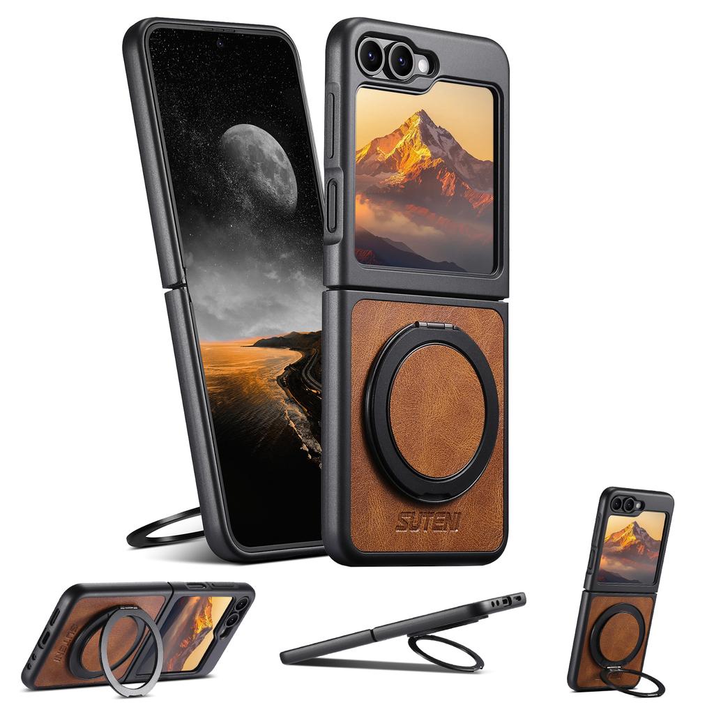 SUTENI G3 For Samsung Galaxy Z Flip7 FE 5G/Z Flip6 5G Case Compatible with MagSafe Waxy Texture Rotating Kickstand Leather Phone Back Cover