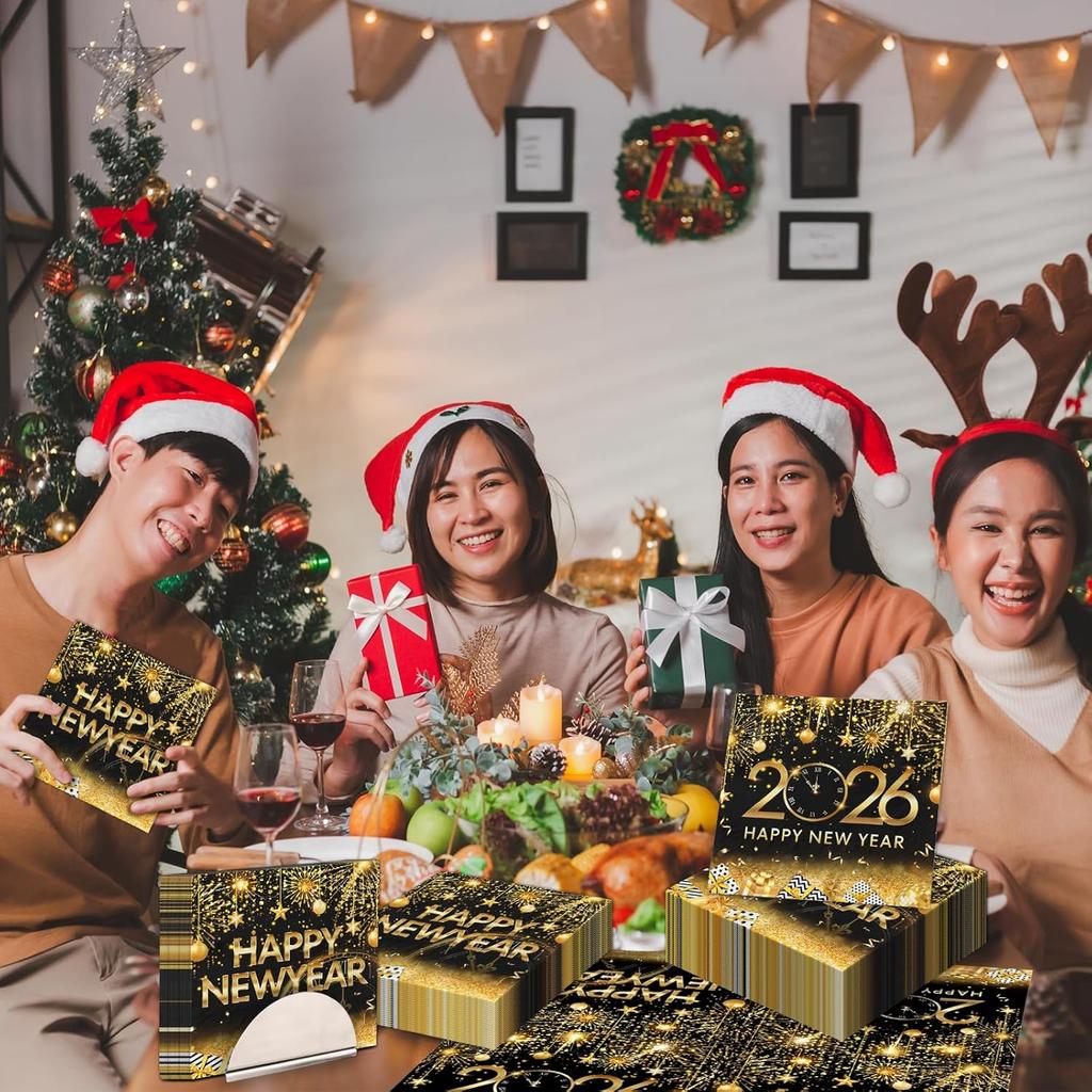 48 Pcs Happy New Year Napk 2026 New Years Eve Party Supplies Black Gold Disposable New Year Paper Napkin for New Years Table Decorations