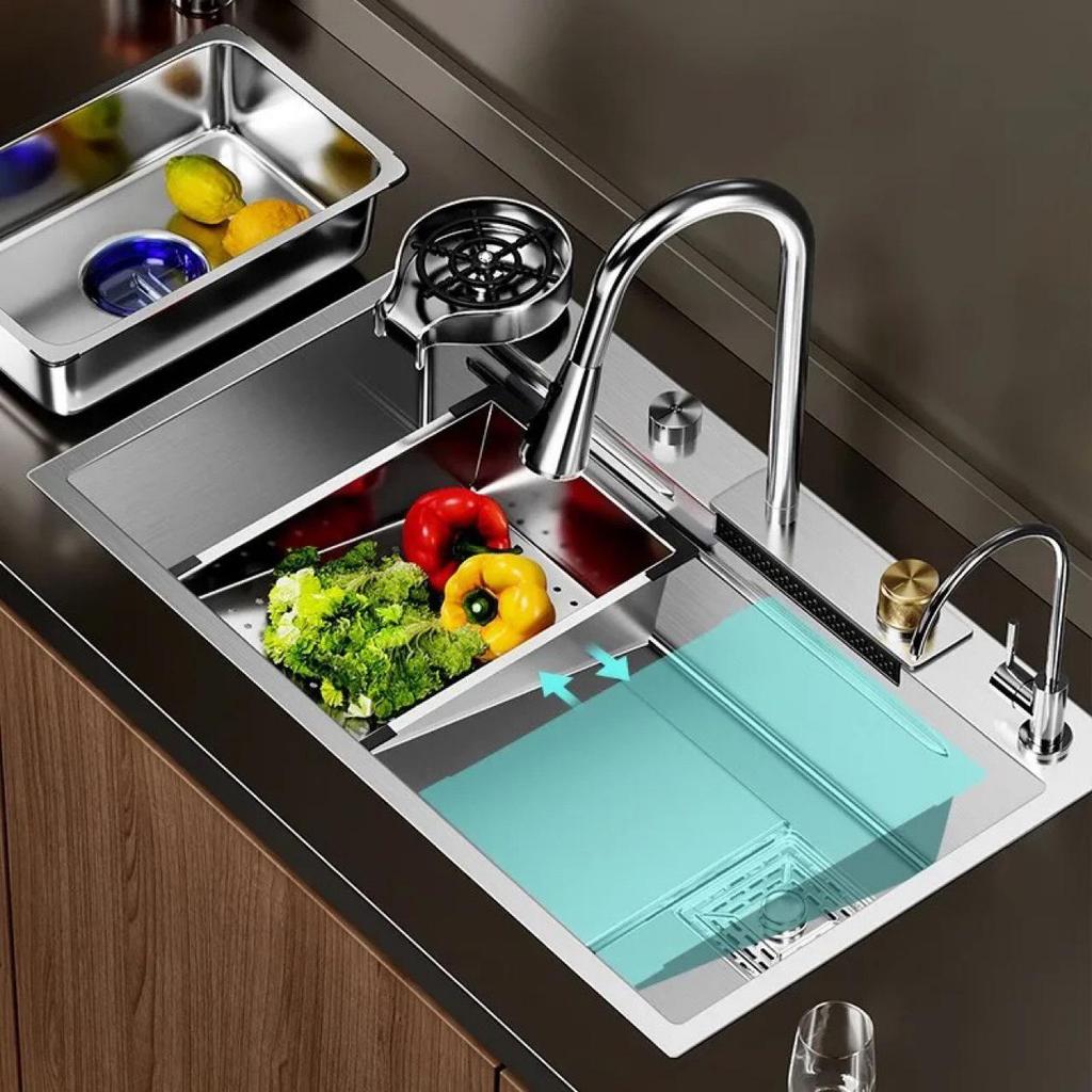 304 Stainless Steel Large Single Bowl Waterfall Kitchen Faucet & Sink for Vegetable & Dishwashing