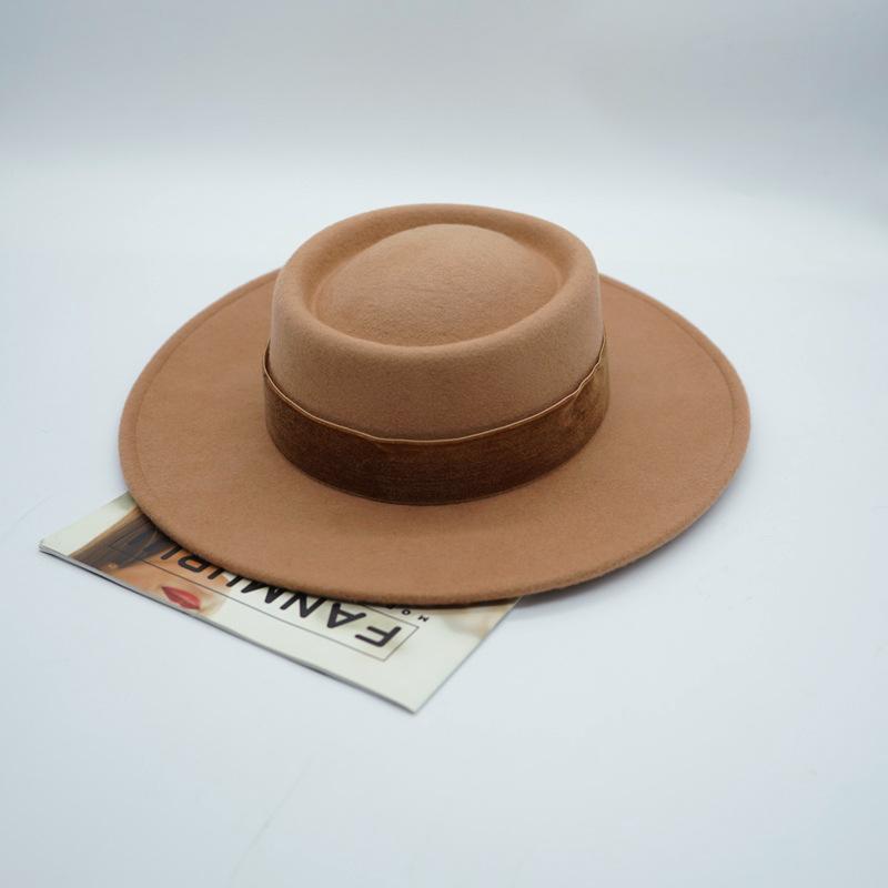 Foreign Trade Camel Wool Flat Top Top Hat Women'S Autumn And Winter Versatile British Retro French Felt Hat Panama Eaves
