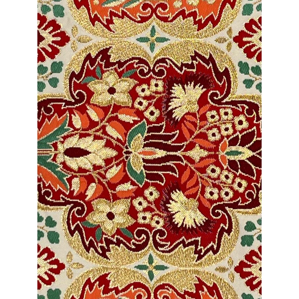 Used Luxurious, beautiful, red, gold, oriental pattern, six-way, pure silk fukuro obi  Kawashima Textile  For Furisode