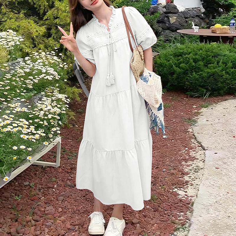 ZANZEA Women Casual Round Neck Elegant Lace Patchwork Short Sleeve Long Dress M белый