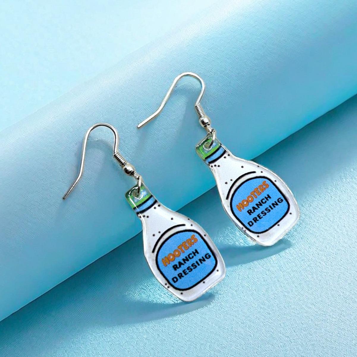 

Мультяшные серьги в виде бутылочек для приправ: Принт «Соус для жареных крылышек и салатная заправка», милый хип-хоп стиль для женщин