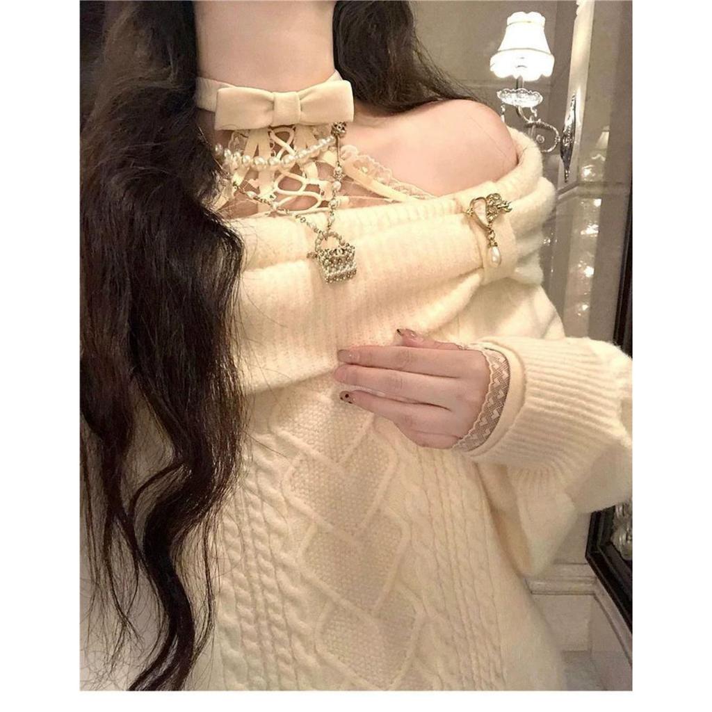 Women Sweet Hot Girl Bow Off-Shoulder Sweater Autumn Winter Elegant Sexy Fashion Knitted Tops Casual Y2k Knitwear Pullover New