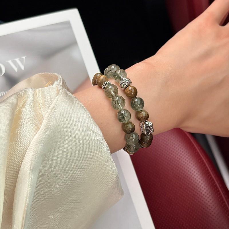 Handmade Green Rutilated Quartz Sandalwood Double Loop Bracelet Women New Chinese Style 8mm Beads Flowing Tassel Design