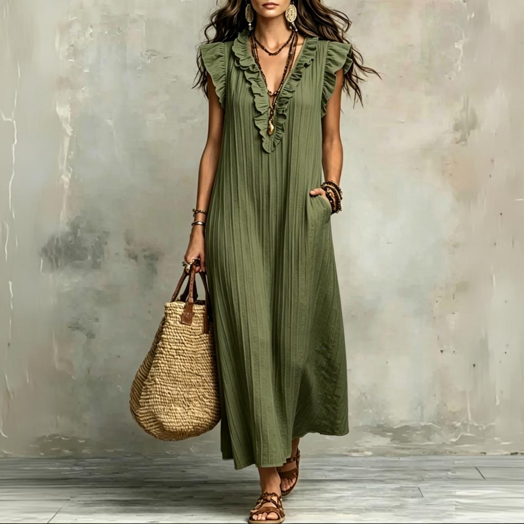 Dames Mouwloos Losvallend Maxi Jurk Boheemse Stijl V-hals Ruche Afwerking Casual Zomer Lange Jurk met Zakken