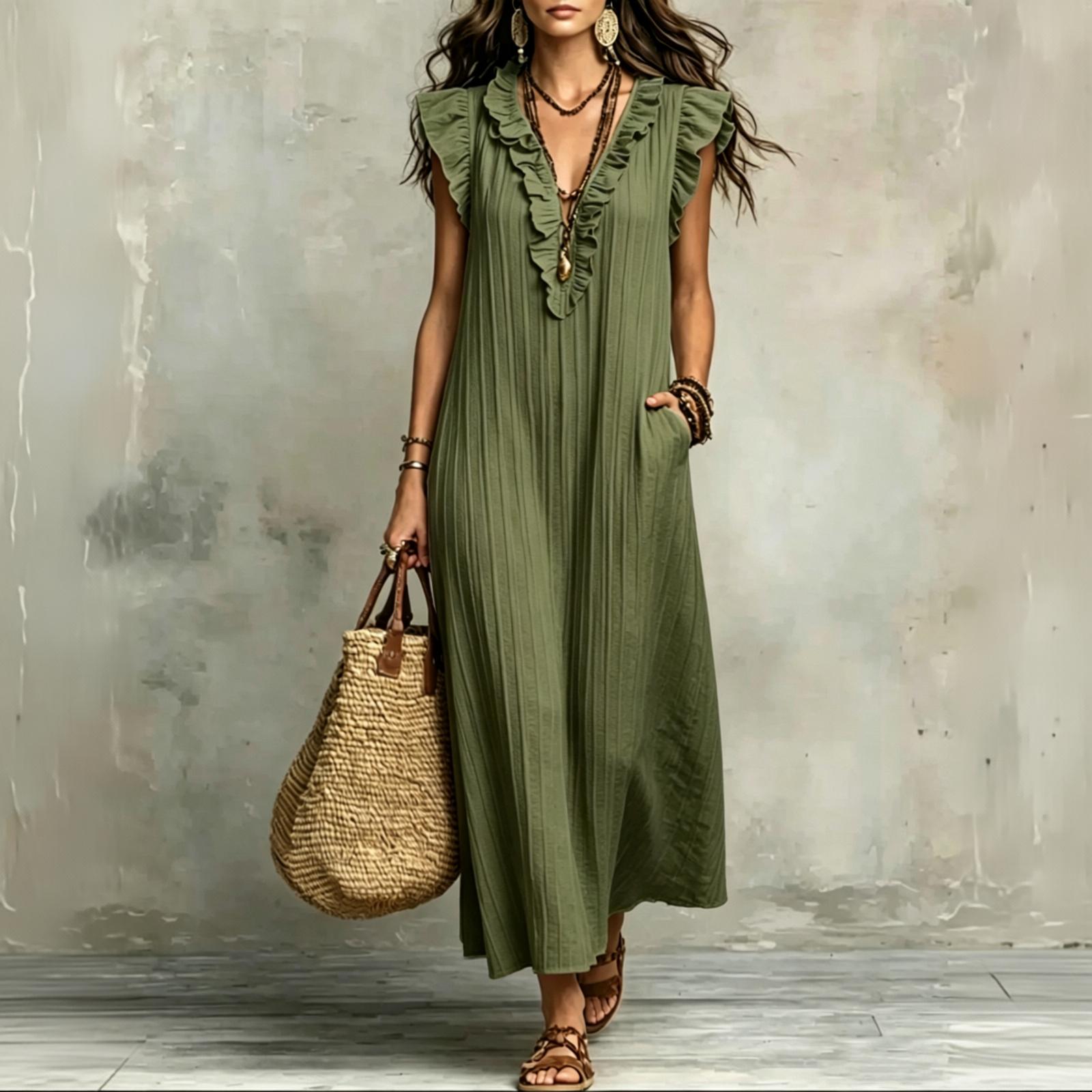 Damen ärmelloses lockeres Maxikleid im Bohemian-Stil V-Ausschnitt Rüschenbesatz lässiges Sommer-Langkleid mit Taschen L