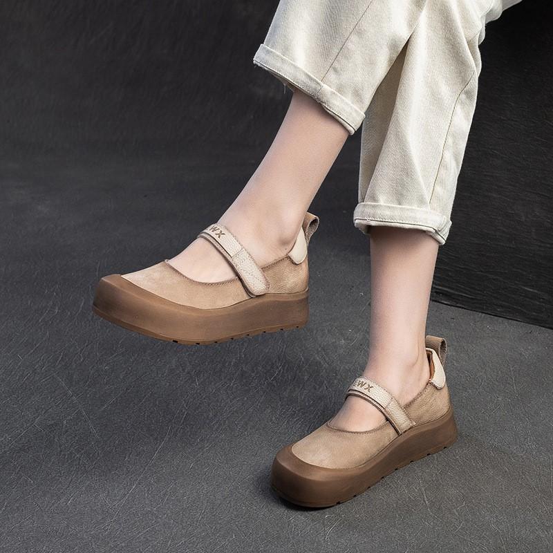 Johnature Casual Thick Soled Shoes Round Toe Genuine Leather Comfortable Women's Flat Platform Shoes