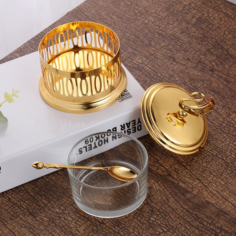 Creative Gold-plated Metal Glass Seasoning Jar Spice Pepper Box Restaurant Sugar Jar Swan Grain Salt Pot Kitchen Storage Utensil