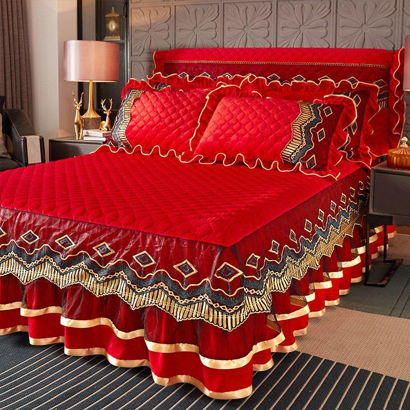 1pcs Luxurious European Quilted Crystal Velvet Bed Skirt Set with Lace Trim - Warm, Thick,1 Bed Skirt