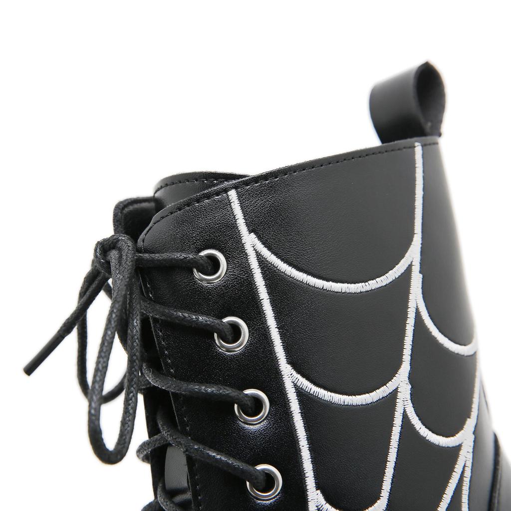 Gdgydh Women Punk Boots PU Leather Embroidered Spider Web Design Shoes Cool Retro Chunky Wedges Platform Boots Lace Up