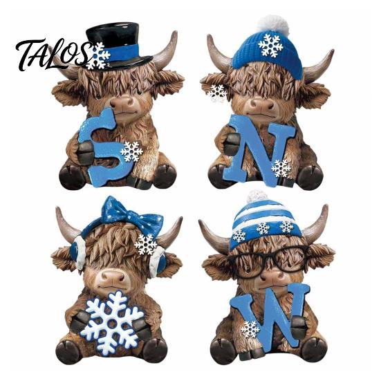 Artistic Holiday Gift 4Pcs Christmas Highland Cow Figurine, Winter Blue Yak Statues with Snowflakes Xmas Colorful Resin Crafts Hats, Farmhouse