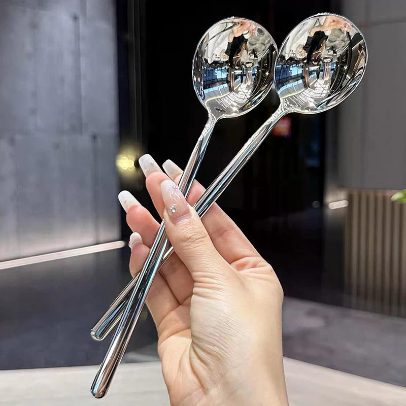 Meal Spoon Stainless Steel Spoon Household Dinner Spoon Korean Long Handle Tableware Thicken Stirring Ice Spoon