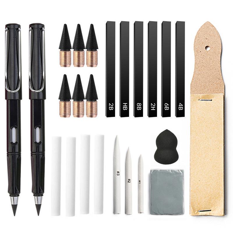 24-Piece Sketching Toolkit: Carbon Sticks, Highlight Paper, Erasers, Frosted Board, and Eternal Pencil