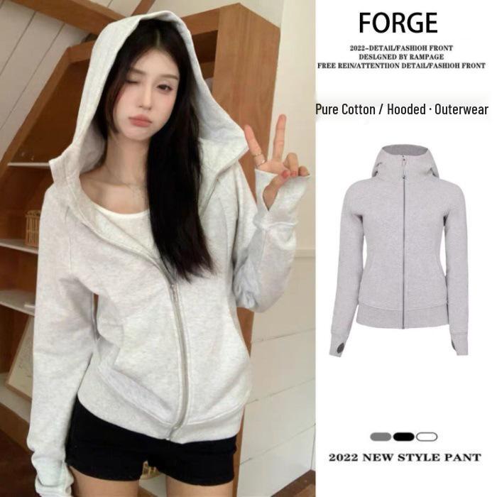 Women's Slim-Fit Hooded Jacket, American Style, Trendy Zipper Cardigan for Spring & Autumn, Versatile & Slimming Dopamine Dressing