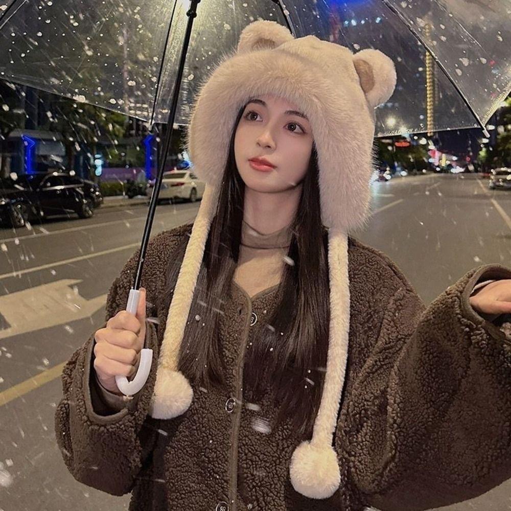 Ear Protection Plush Winter Hat Lacing Woolen Bucket Hat New Bear Ears Hat Women