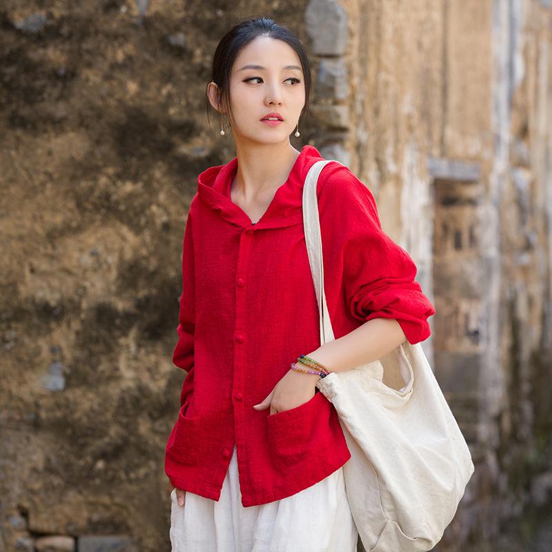 

Johnature Женские винтажные рубашки с капюшоном Топы Однотонные блузки Весенние на пуговицах Карманы Рубашка с длинным рукавом One Size красный