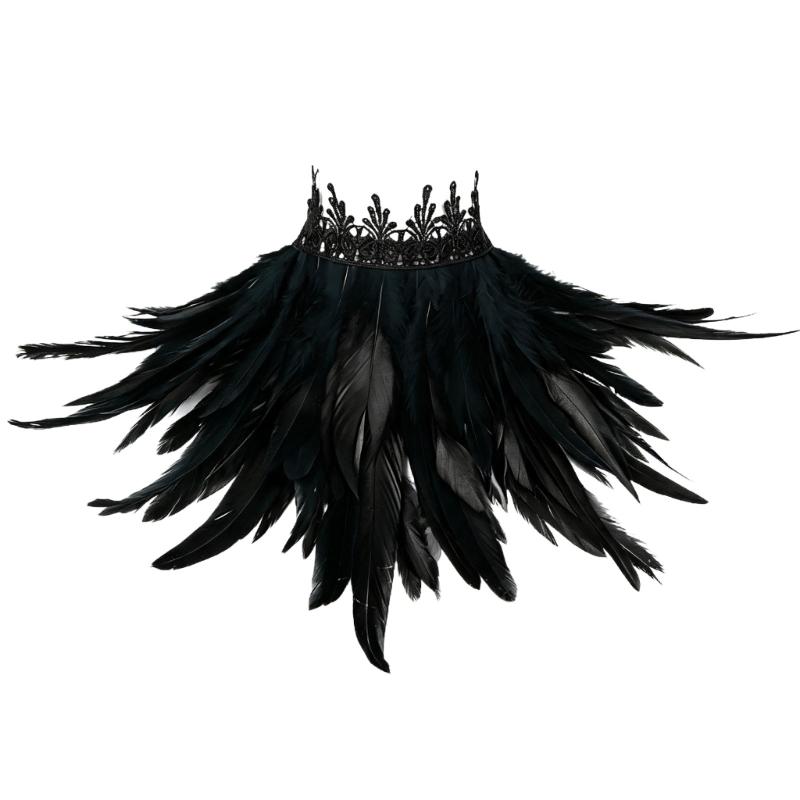 Feather Costume Neck Accessory with Lace Trim, Cosplay Capes Shoulder Wrap, Gothic Pull-On Collar for Party Photos and Stage Styling Appeal