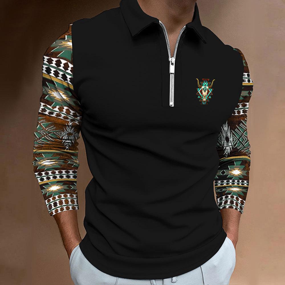 Geometrisches Muster Langarm Reißverschluss Poloshirt, Trendige Freizeitkleidung