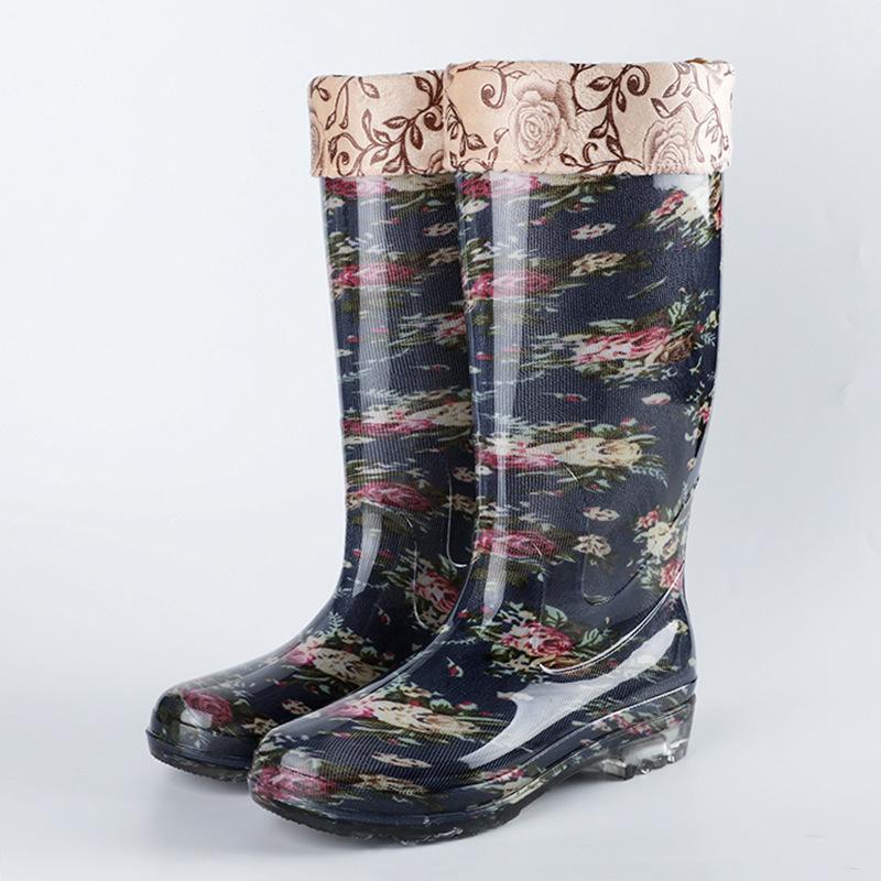 High Tube Rain Shoes Waterproof Shoes Long Tube Velvet Cotton Rain Boots Rubber Shoes Overshoes Water Boots Female Adult Fashion Non-slip Warm Summer
