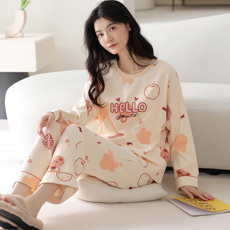 Women's Pure Cotton Long Sleeve Pajamas with Built-in Bra Pads - Cozy for Autumn/Winter, Casual Home Wear, and Suitable for Outdoors.