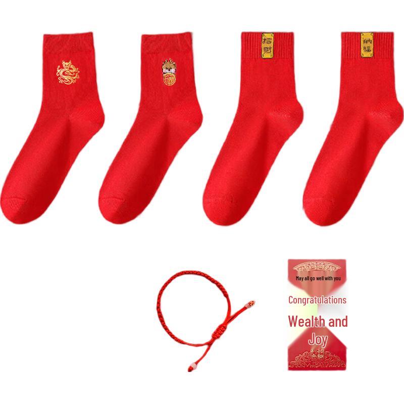 Langsha Men's Lucky Red Cotton Mid-Calf Socks
