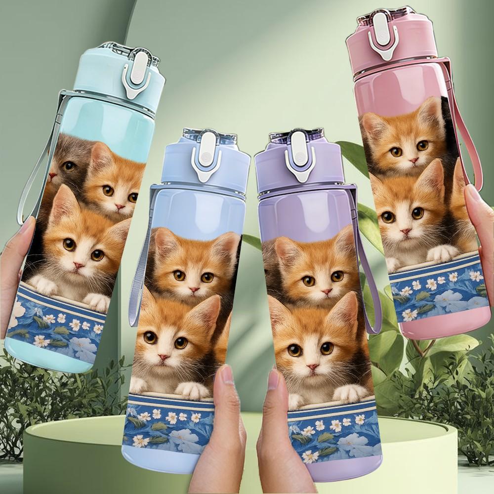 1PC Group Of Kittens Cute Print 750ml Color Plastic Sports Water Bottle Leakproof Flip Straw Lid Suitable for Sports Office Home Use