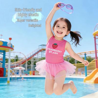 Costume da bagno in rete rosa fragola ad asciugatura rapida per bambina, Tuta da bagno principessa traspirante intera per terme