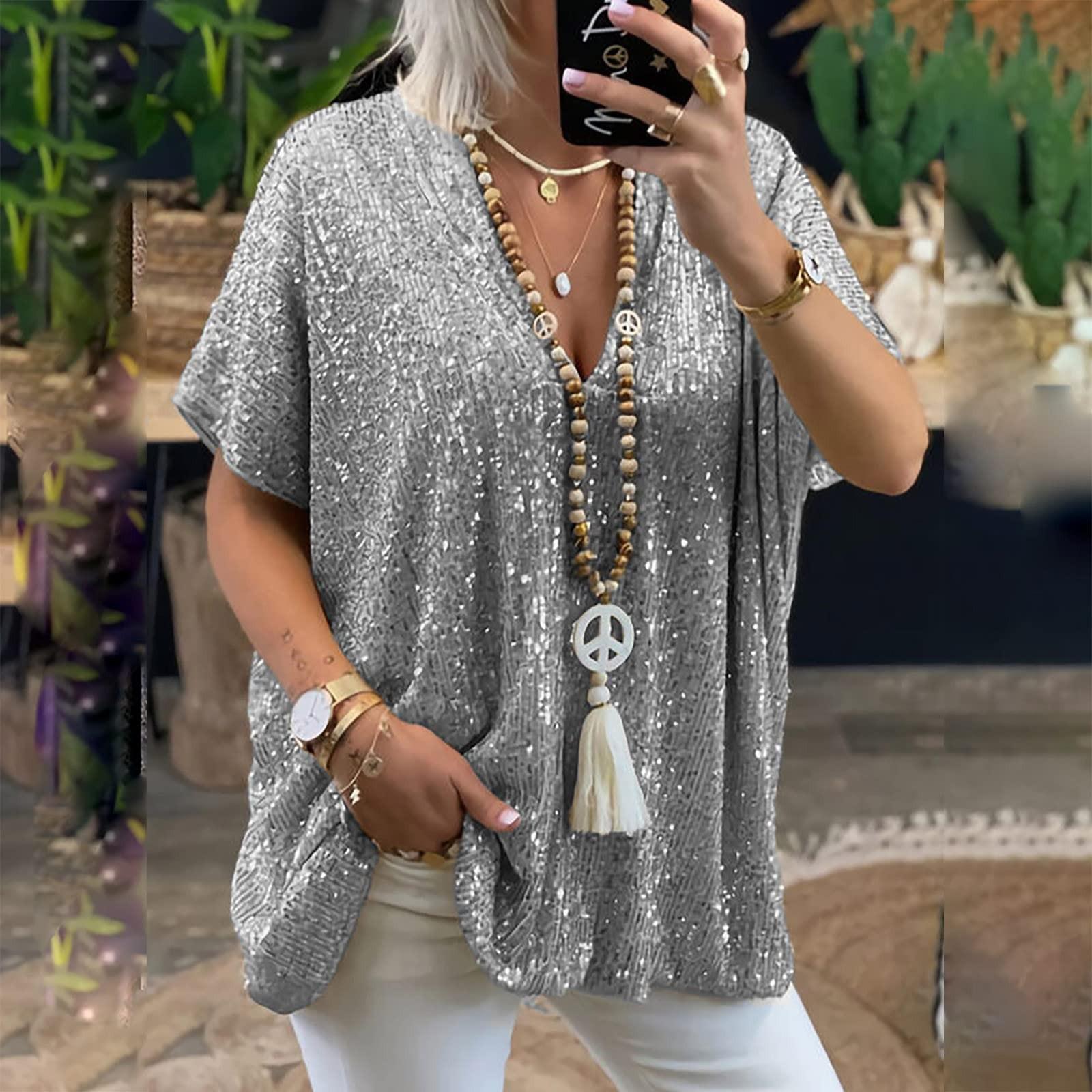Women s Casual Loose Color Dropped Shoulder Short Sleeve V Neck Sequin Top T-Shirt XXL