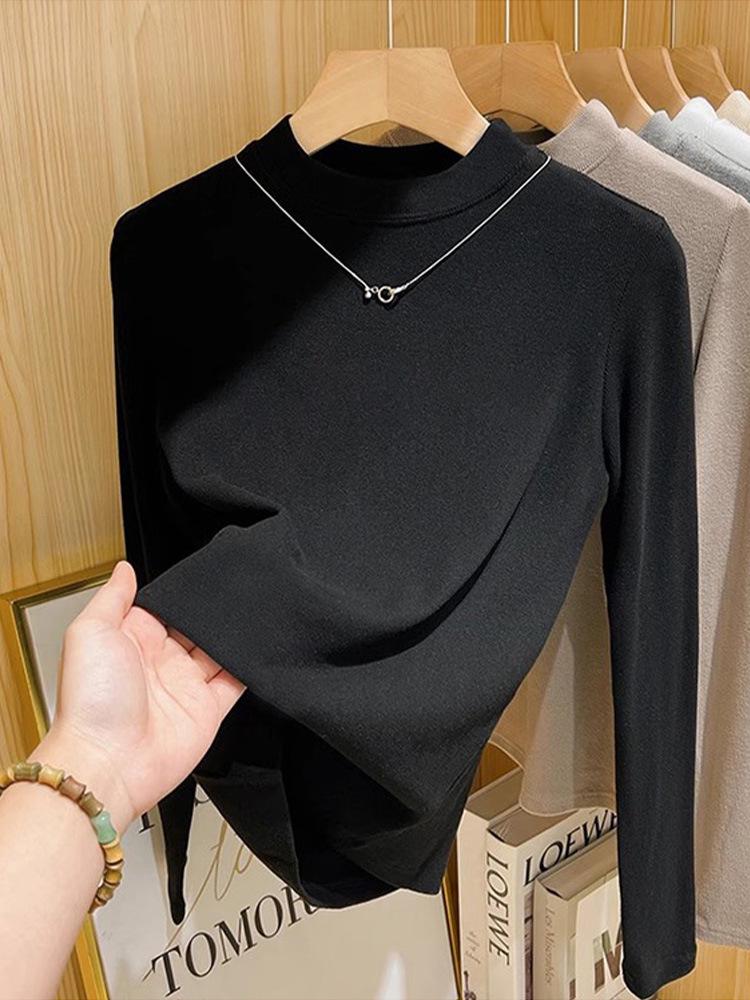 Women's Long-Sleeve Casual T-Shirt - Stylish Thick Warmth, Half-High Collar for Autumn/Winter 2026 Trend