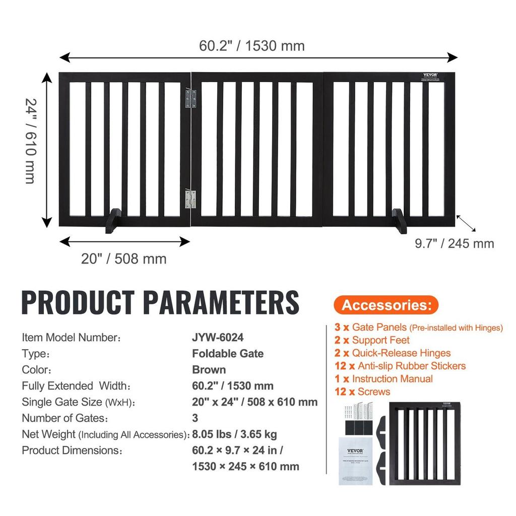 Free Standing Dog Gate 24x60 Inch Freestanding Pet Gate Foldable Brown