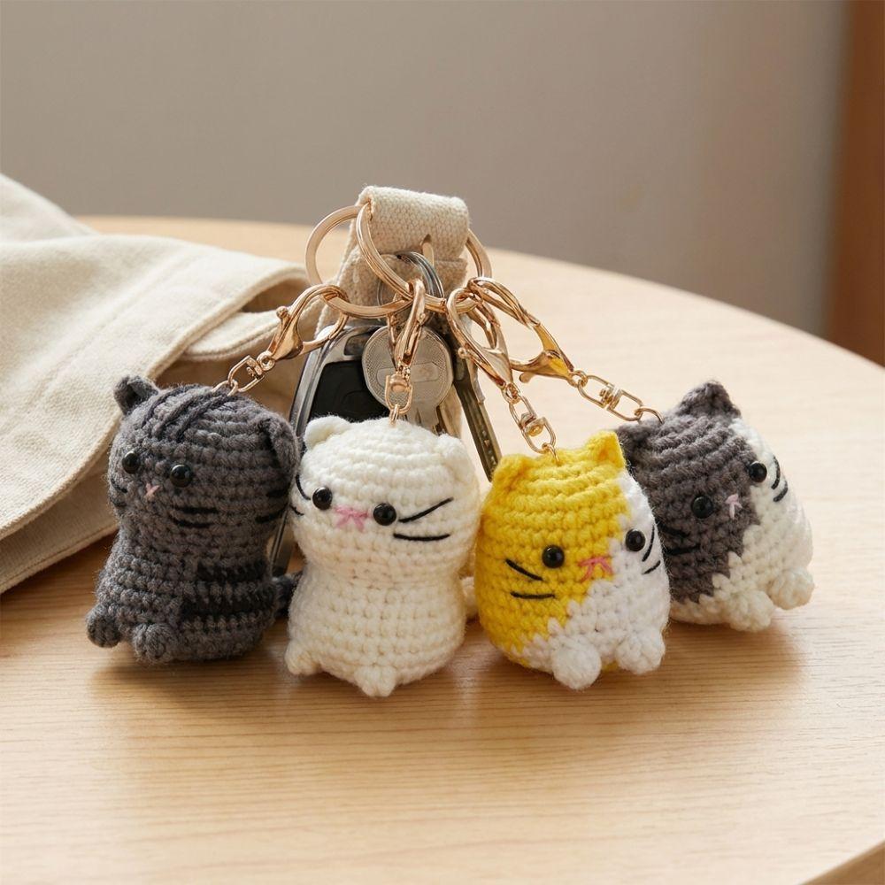 Multi-color Handwoven Cat Pendant Cartoon Knitted Animal Key Ring Crochet Cat Keychain Gift Giving