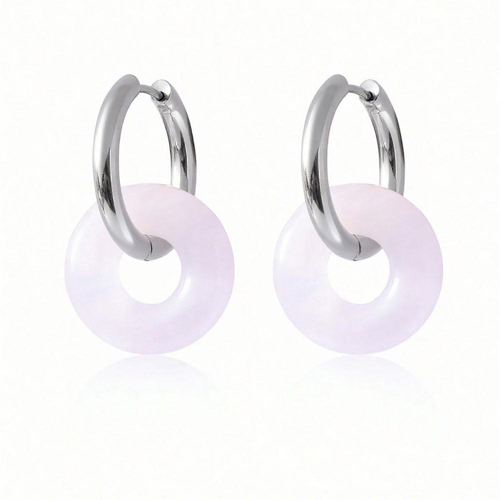 1pair Natural Stone Donut Shaped Stainless Steel Hoop Earrings Ladies Fashion Pink Crystal Agate Malachite Round Women Earrings