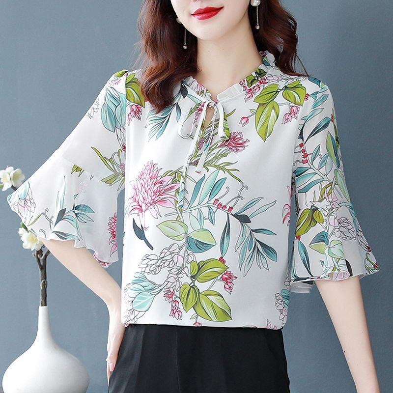 

Свободная шифоновая блузка с винтажным принтом на шнуровке и открытыми рукавами-фонариками, новые летние повседневные пуловеры, женская рубашка большого размера для поездок на работу 4XL белый