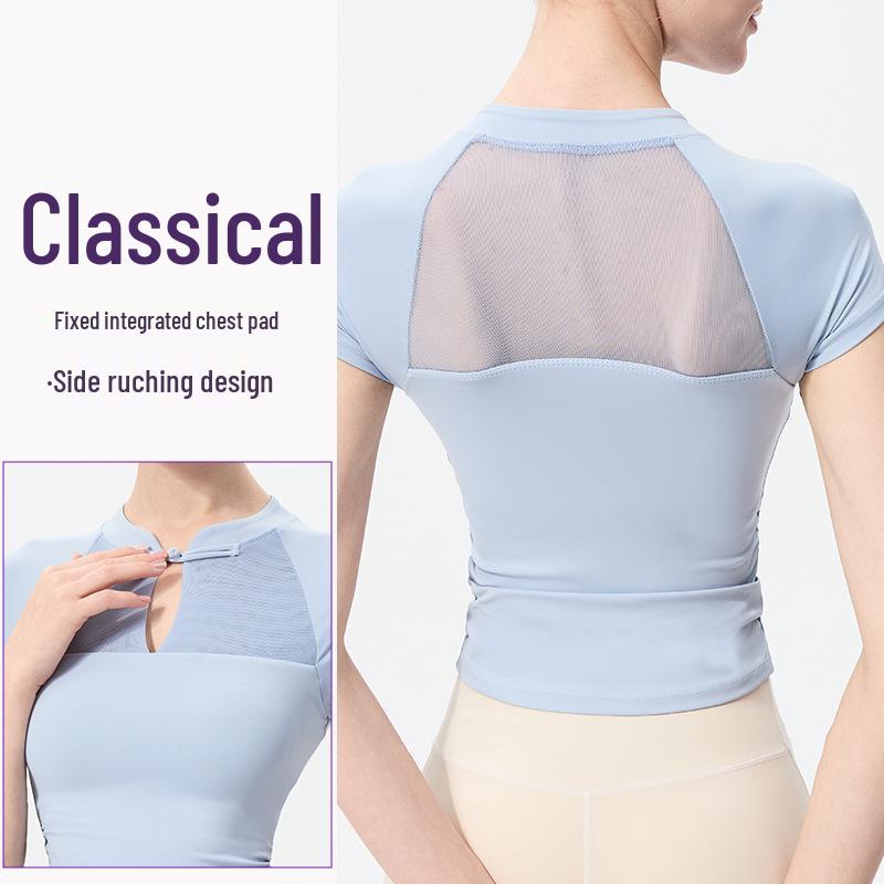 Chinese Style Quick-Dry Yoga Top: Short Sleeve, Side Ruched, Slim-Fit with Chest Pad for Fitness
