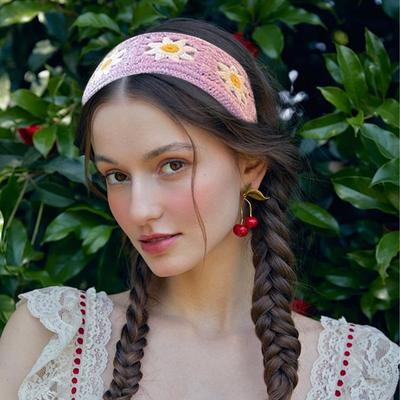1pc Crochet Bandana Headband with Embroidery Pattern Cute Flower Daisy Head Scarf Slip Embroidery Pattern Headwrap for Dailywear