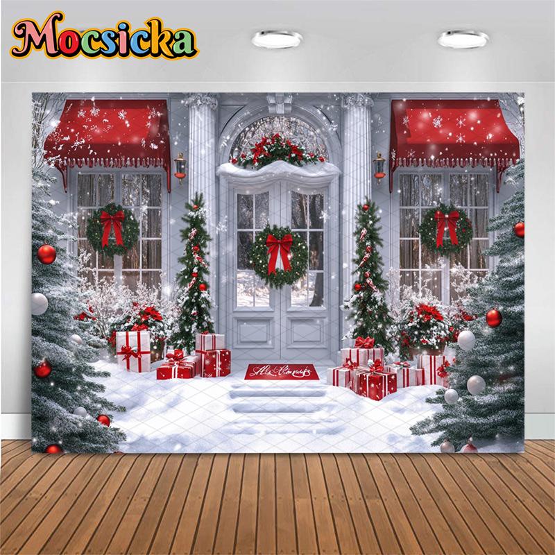 Mocsicka Christmas White House Backgrounds Photography Snow Family Party Photo Backdrops Red Bow Green Wreath Tree Decors Banner