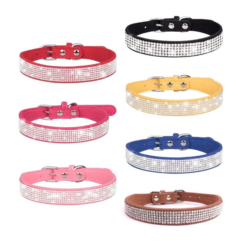 Rhinestones Dog Collar Cute Dazzling Sparkling Soft Suede- Leather Dog for Cat Rhinestones Collar Crystal-DiamondP