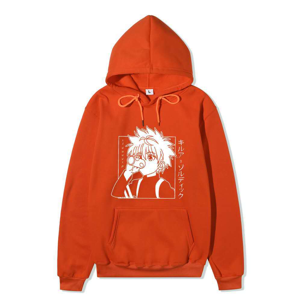 Hunter X Hunter Killua Drink Line Art Hoodie Japanese Text Black Anime Casual Hooded Pullover Sweatshirt