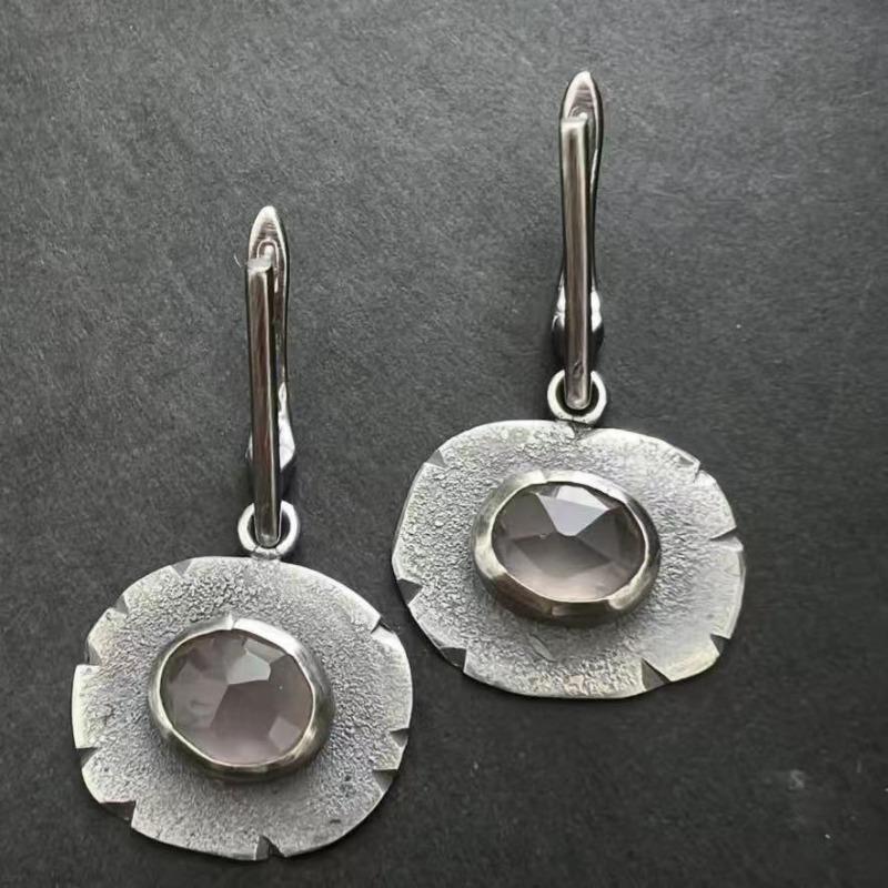 Vintage Flower Round Inlaid White Stone Earrings Geometric Creativity Silver Color Dangle Earrings for Women Jewelry