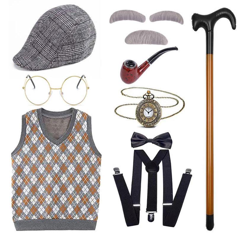 

Stylish Oem Grandpa Costume Vest Set With Short Hair Wig Beard Cane For Halloween Orange Vest F1,160cm