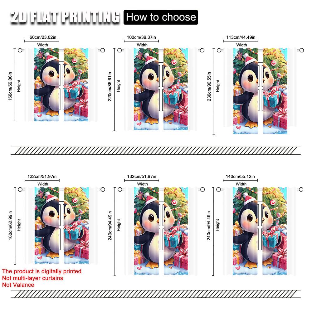 2pcs,2D Plane Printing Curtain Popular Merry Christmas Penguin with Santa Hat & Candy Canes Polyester Easy Install (without Rod)