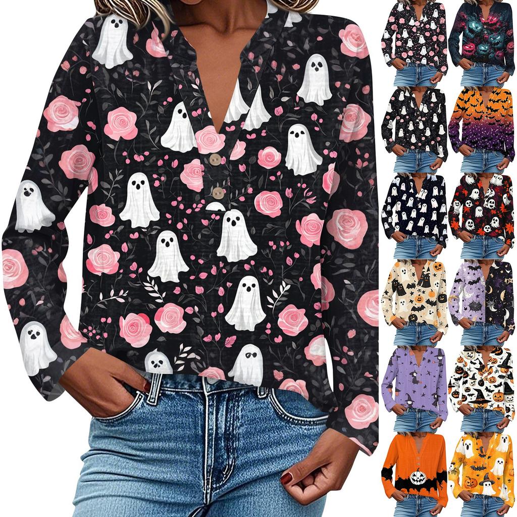 Women's Fashionable And Casual Shirt Long Sleeve V-neck Button Printed Blouse Top
