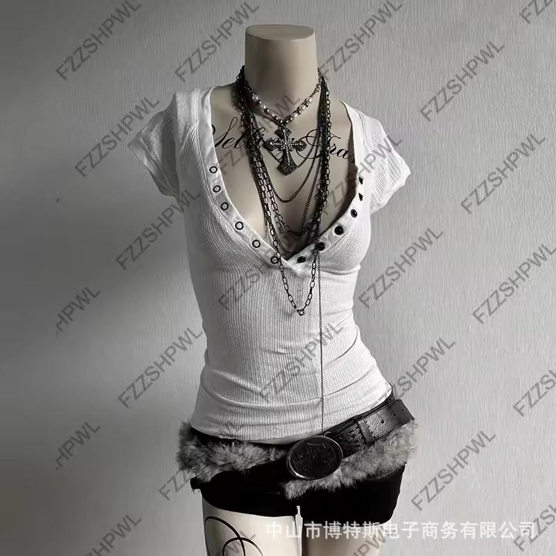 Европейско-американская панк-футболка с заклепками, V-образным вырезом, облегающая, с коротким рукавом, сексуальная Medium белый