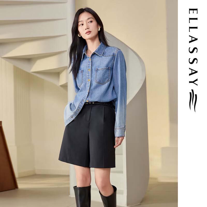 ELLASSAY Women's Lyocell Denim Rhinestone Shirt