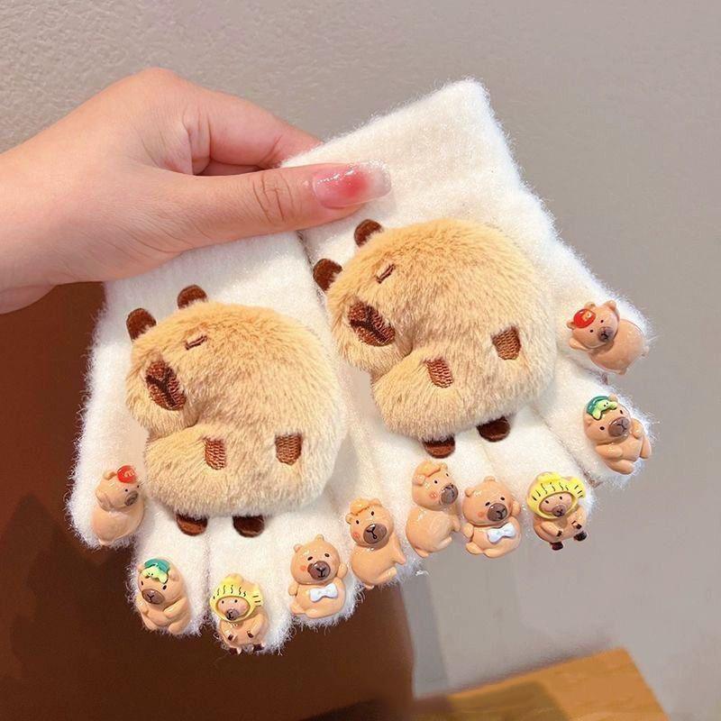 1 Paar Niedliche Cartoon Capybara Handschuhe Kinder Winter Dicke Handschuhe Outdoor Winddicht Warme Handschuhe Kältefest Fünffingerhandschuhe Geschenke
