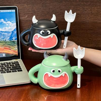 Niedliche kleine Teufelstasse Kreative lustige Tasse mit Deckel Löffel Niedliche Persönlichkeit Keramik Wasserbecher Geburtstagsgeschenk für Frauen