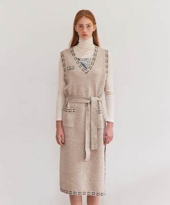Baitalssain [Line] Stitch Layered Knit Dress (Beige)